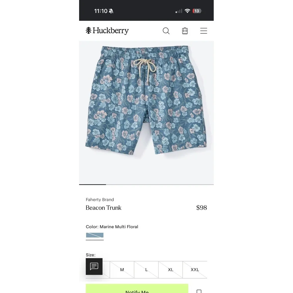 Faherty Beacon Trunk Mens XXL Marine Multi Floral Swim Shorts 7 Inch Inseam